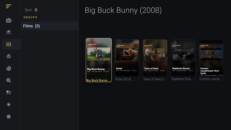 Virumo Films: a groups column reading Films, and five posters across the grid with a gold focus ring on the first.