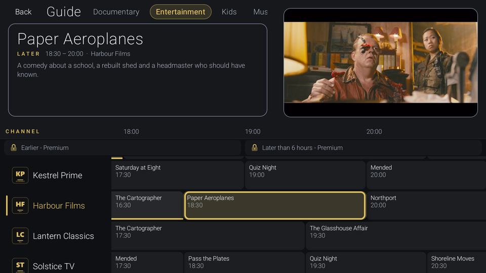 The Virumo guide: a details panel for the highlighted programme, a preview window and a grid of channels with programmes running across, and padlocked rows for earlier and later than 6 hours.