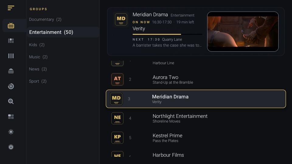 Virumo Live TV on a television: a navigation rail on the left, a column of channel groups, a hero band with a preview of the selected channel and a numbered channel list below.