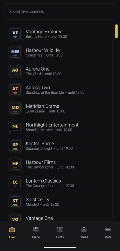 Virumo on an Android phone: a list of channels with logos and what is on until, and a bottom bar with Live, Guide, Films, Series and More.