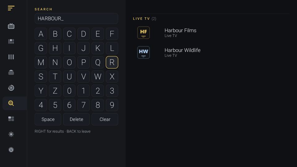 Virumo search on a television: an on-screen keyboard with HARBOUR typed in, and two matching channels listed beside it.